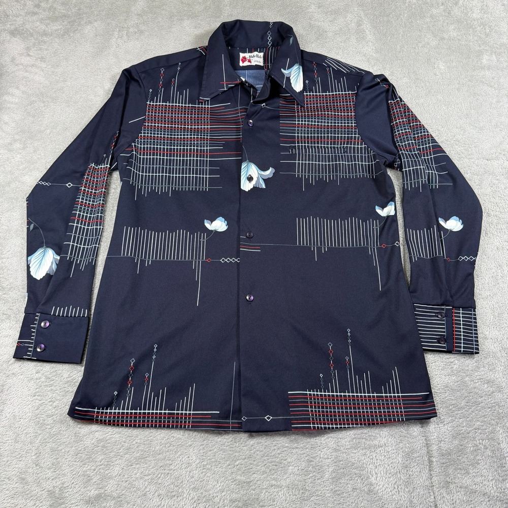 Vintage Holo-Holo Hawaiian Button Up Shirt Mens Large Navy Floral Long‎ Sleeve